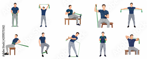 Man exercising with resistance bands set, vector illustration of various fitness workouts including strength training and stretching using elastic rubber bands for home body workout