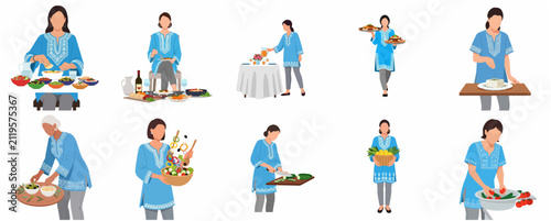 Collection of vector illustrations showing a woman in a blue tunic cooking, serving, and eating Mediterranean food; flat faceless character set for culinary and healthy lifestyle themes