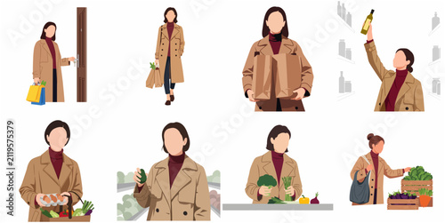 Modern flat illustration collection of a stylish woman shopping for fresh groceries, vegetables, and household essentials.