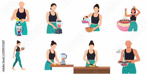 Healthy lifestyle illustration set showing a woman preparing nutritious smoothie bowls and snacks