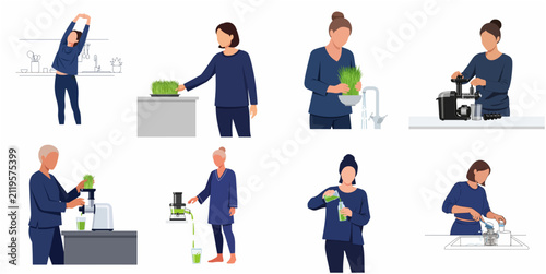 Healthy morning routine set with woman harvesting, washing, and juicing fresh wheatgrass using a cold press juicer, flat vector illustration