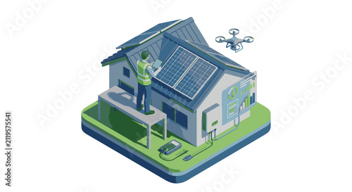 Modern eco friendly smart home with solar panels and drone.