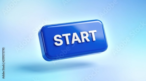 Three dimensional glossy blue button with the word start in white letters floating against a soft light blue gradient background, for web