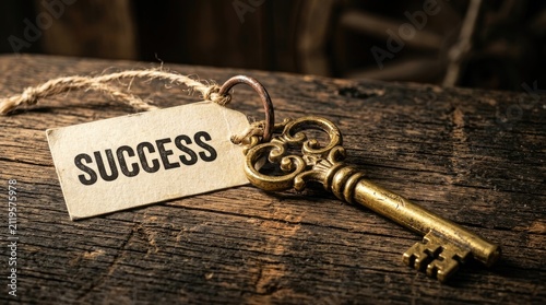 Vintage brass key with a paper tag labeled success resting on a rustic dark wooden surface representing achievement and unlocking potential