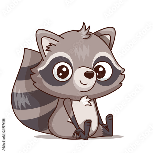 Cute cartoon raccoon character with outline sitting and smiling on white background. The friendly raccoon looks forward with a warm happy expression. Funny forest animal design perfect for childrens