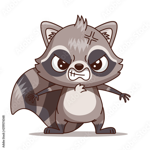 Cute cartoon raccoon character with outline standing on white background with paws spread wide. The angry raccoon bares its teeth showing strong emotion and aggressive expression. Funny forest animal