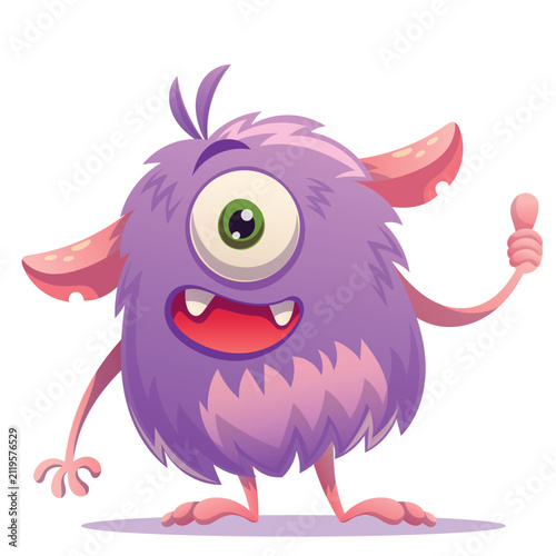 Cheerful furry purple monster with one big green eye, pink ears and friendly smile, giving a thumbs up gesture of approval. Cute fluffy cyclops creature standing isolated on white background, perfect