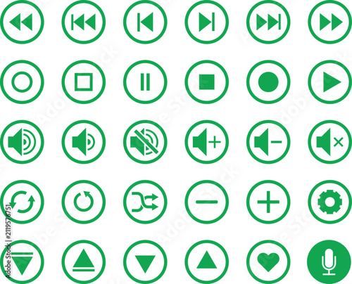 Media player control icon set in green, music audio buttons collection