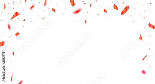 Bild auf Leinwand Vibrant red confetti pieces fall and scatter across a clean white background, creating a dynamic, celebratory border perfect for any festive occasion or event