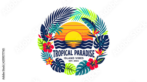 Tropical Paradise Circle Design with Sunset and Palm Leaves