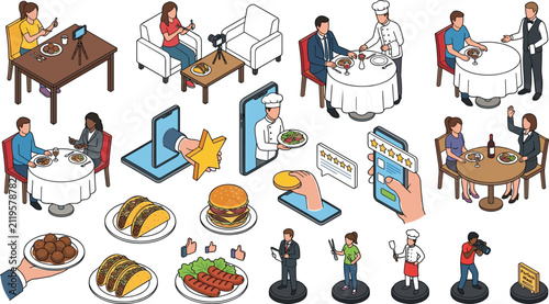Canvastavla Isometric restaurant and food delivery vector elements with people dining bloggi