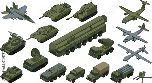 Cuadro en lienzo military vehicles and army weapon systems vector elements pack featuring tanks
