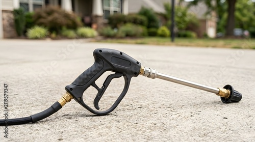 A pressure washer gun with hose on concrete driveway with suburban house and greenery in background on sunny day.