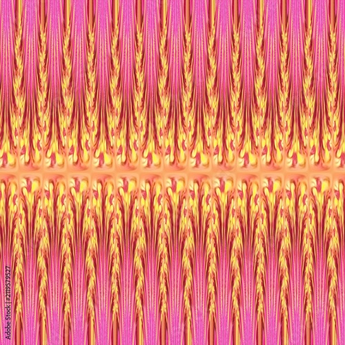 Abstract vibrant pink and gold symmetrical fractal pattern background created from a real photograph transformed with digital mirror, wave, and intricate styling filters in ibisPaint. A dynamic and lu