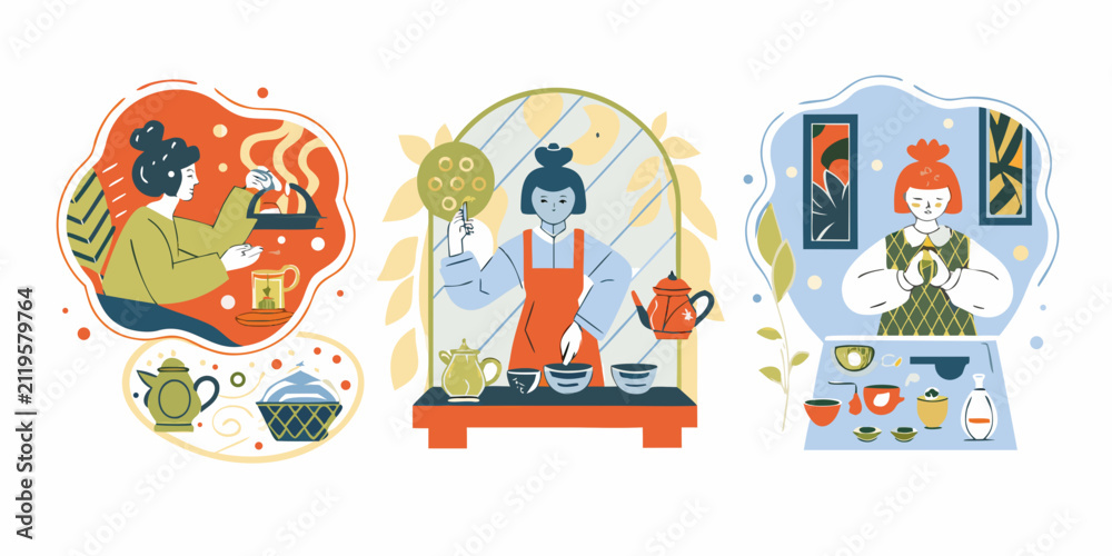 Fototapeta premium Tea Ceremony Scenes Modern Flat Illustration With Decorative Elements