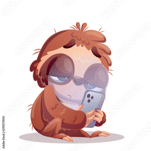 A cute bright and colorful cartoon sloth character with big eyes, sitting tired and exhausted while staring at a smartphone screen, blue light glowing on its face. This vector illustration captures