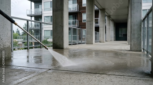 Professional pressure washing balcony concrete floor surface cleaning outdoor building maintenance chores modern apartment home.