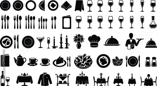 Bild auf Leinwand Restaurant and fine dining silhouette icons mega set including cutlery wine glas