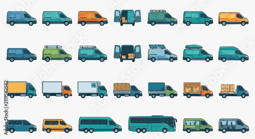 Minimalist Collection of Colorful Vans Trucks and Buses for Delivery Cargo and Passenger Transport Illustrations