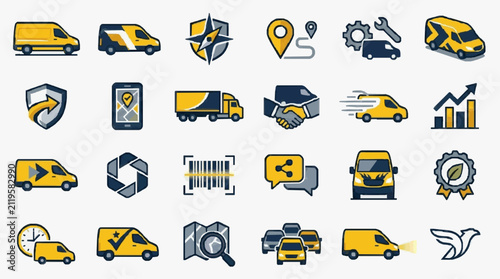 Modern Flat Icons Set Featuring Yellow and Navy Blue Vans Trucks Logistics Delivery and Business Concepts
