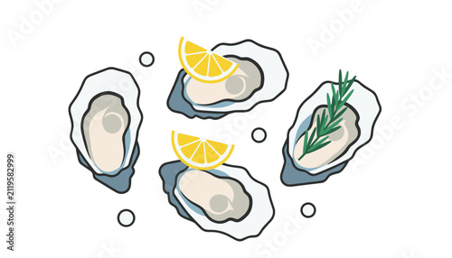 Gourmet flat illustration of fresh raw oysters on the half shell served with lemon wedges and rosemary.