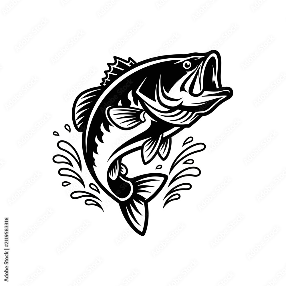 Fototapeta premium Striking vector illustration of a robust freshwater bass majestically leaping from the water, symbolizing agility and the thrill of the catch