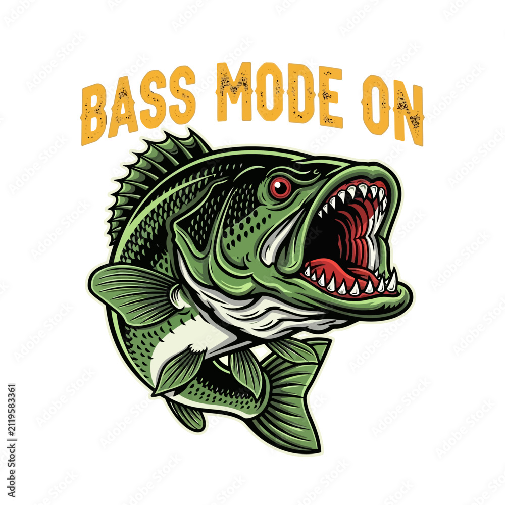 Fototapeta premium Bass Mode On Angry Largemouth Bass Fishing Illustration with Text