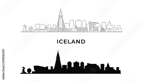 Dual style Reykjavik city skyline illustration with a detailed line art drawing and a solid black silhouette.