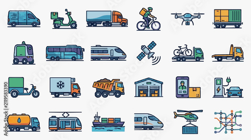 Sleek Colorful Illustrated Icons Set Featuring Diverse Vehicles Transport Modes and Logistics Equipment
