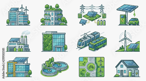 Elegant of Sustainable Energy Solutions and Green Architecture in Vibrant Colors with high quality professional line art symbols for modern creative design and digital branding projects