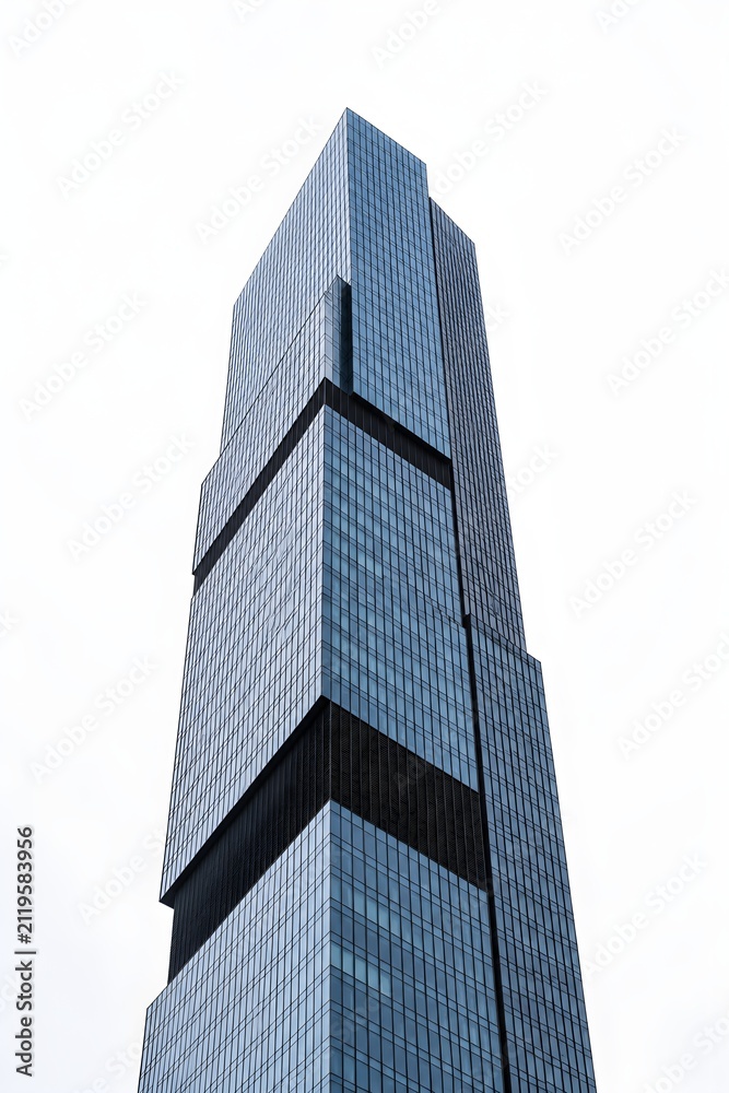 Fototapeta premium Isolated Modern Skyscraper Set Against Plain White Overcast Sky Highlighting Simple Geometry And Commercial Composition