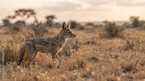 Black-backed jackal walking through dry grassland at sunset in the African savanna with trees in the background and golden light