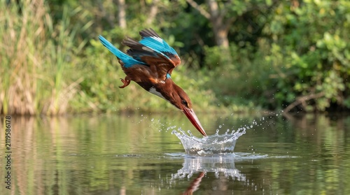 White-breasted Kingfisher diving into water to catch fish with blue wings and brown feathers splashing water droplets in a river with green reeds background