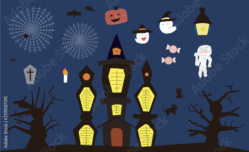 ハロウィンのかぼちゃや城お化け蜘蛛の巣のセット
