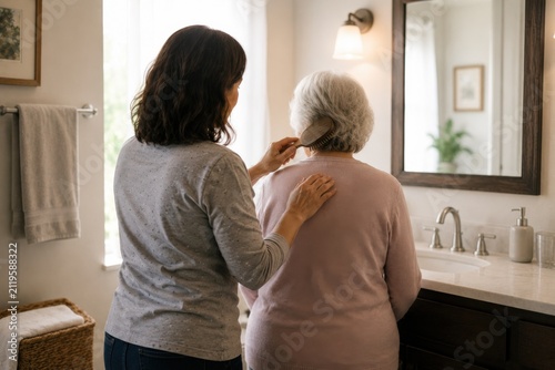 Adult Daughter Brushes Elderly Mother’s Hair During Gentle Morning Care at Home
