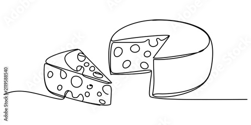 Bild auf Leinwand Continuous single line drawing of a round cheese wheel with a triangular slice c