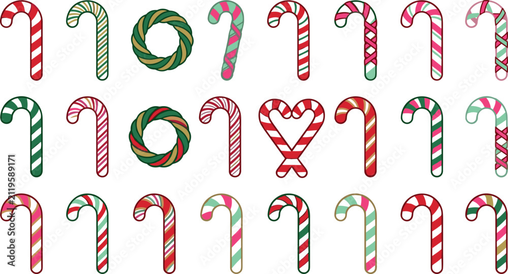 Obraz premium Christmas candy cane icons and festive holiday wreaths set for winter seasonal celebration greeting card decoration elements vector