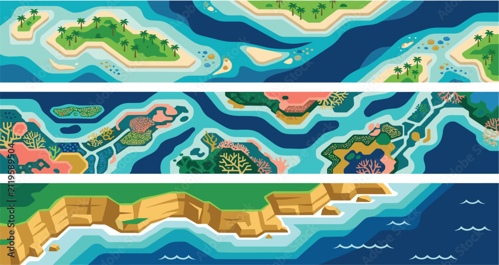 Fototapeta premium Set of stylized landscape banners featuring tropical islands vibrant coral reefs and coastal cliffs in flat vector style
