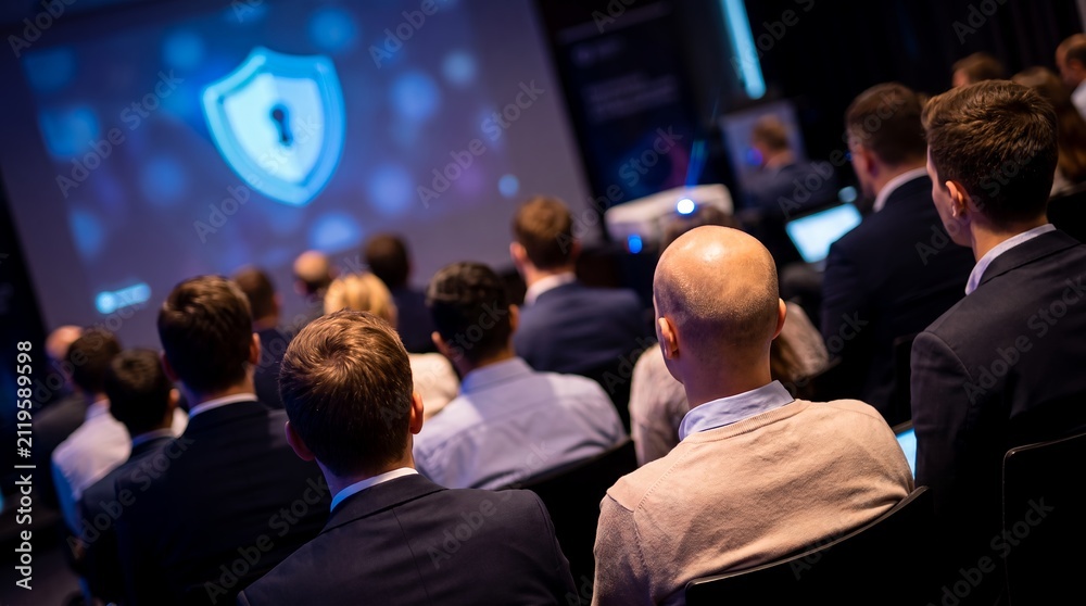 Fototapeta premium Audience at tech seminar showcasing glowing shield screen, corporate presentation setting and attentive professional crowd, focusing on data privacy and network security