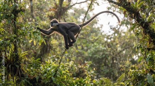 A gray colobus monkey balancing on a vine and reaching for green leaves in a dense tropical rainforest with dappled sunlight