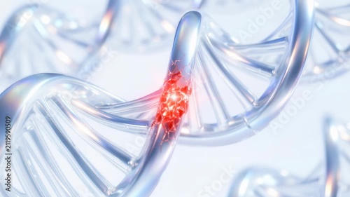 Illustration of a DNA double helix break with red accents