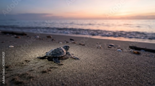 A small baby sea turtle crawling on the wet sand towards the ocean during a beautiful sunset with soft waves in the background