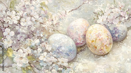 Pastel eggs and blossoms