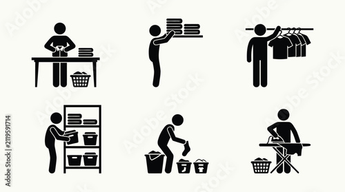 Stick figure people doing laundry chores folding hanging and ironing clothes