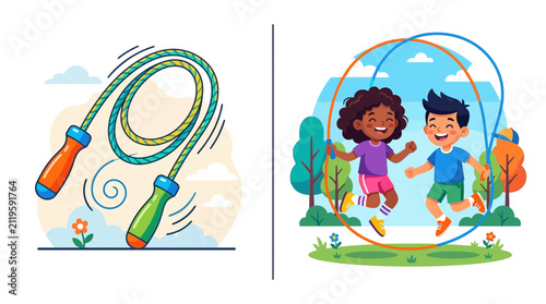 Happy children skipping rope in park flat vector illustration