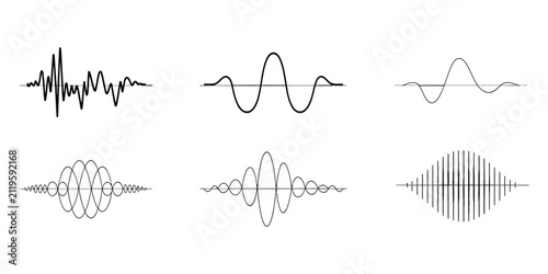 Canvastavla Audio wave pattern set showing various sound frequencies and sine waves in digital visual representation for sound engineering music technology or data analysis