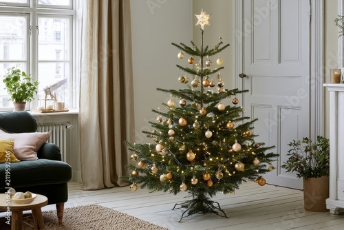 Small city apartment lounge with compact holiday tree and linen curtains featuring minimal layout with calm open space.