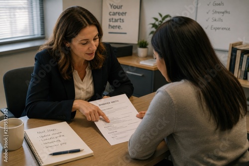 Career counselor reviewing resume with job seeker during employment coaching session to improve interview skills and build confidence after unemployment