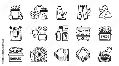 Cuadro en lienzo Sustainable Lifestyle Icons: Recycling, Repair, Reuse, Organic Food, Donation