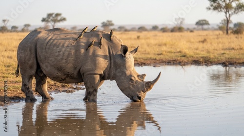 A white rhinoceros drinking water at a waterhole in the African savanna with oxpecker birds on its back during golden hour